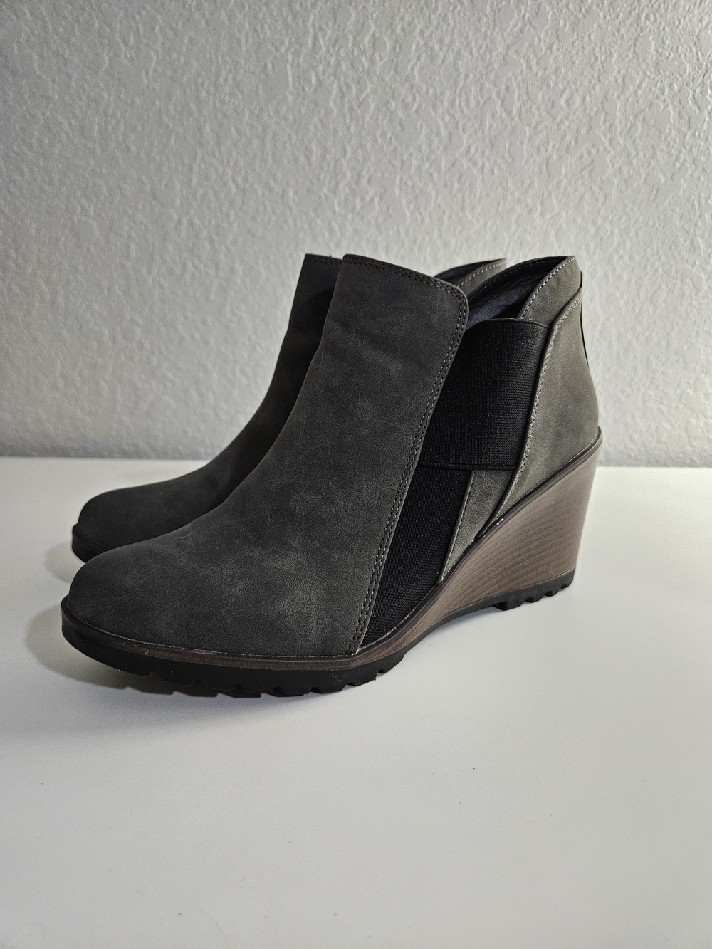 Gray Wedge Ankle Booties with Elastic Side Panels